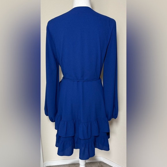1. State Blue Ruffled Wrap Midi Dress with Tie Front Women Size 6 Royal Blue - Picture 2 of 8